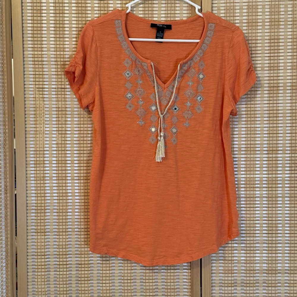 Style & Co Womens M T Shirt‎ Orange Embroidered Tassels Boho Festival Bling